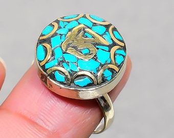 Turquoise Tibetan Silver Ring: Handmade Bohemian Adjustable Jewelry