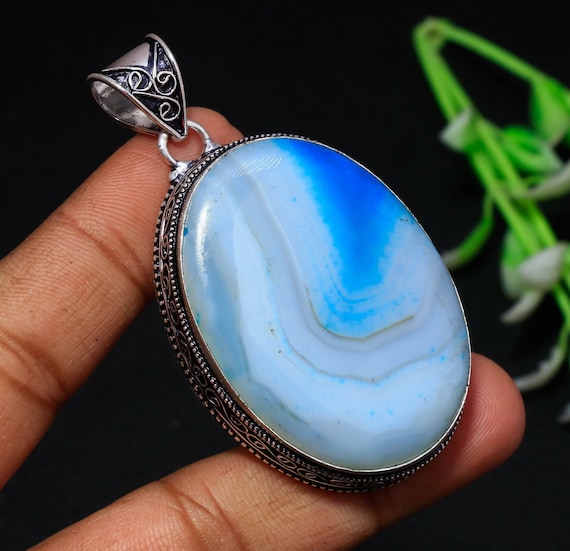 Blue Botswana Agate Pendant: Handmade 925 Sterling Silver, Vintage