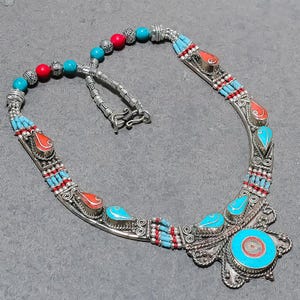 Turquoise Coral Tibetan Silver Necklace: Nepali Beaded Ethnic Jewelry