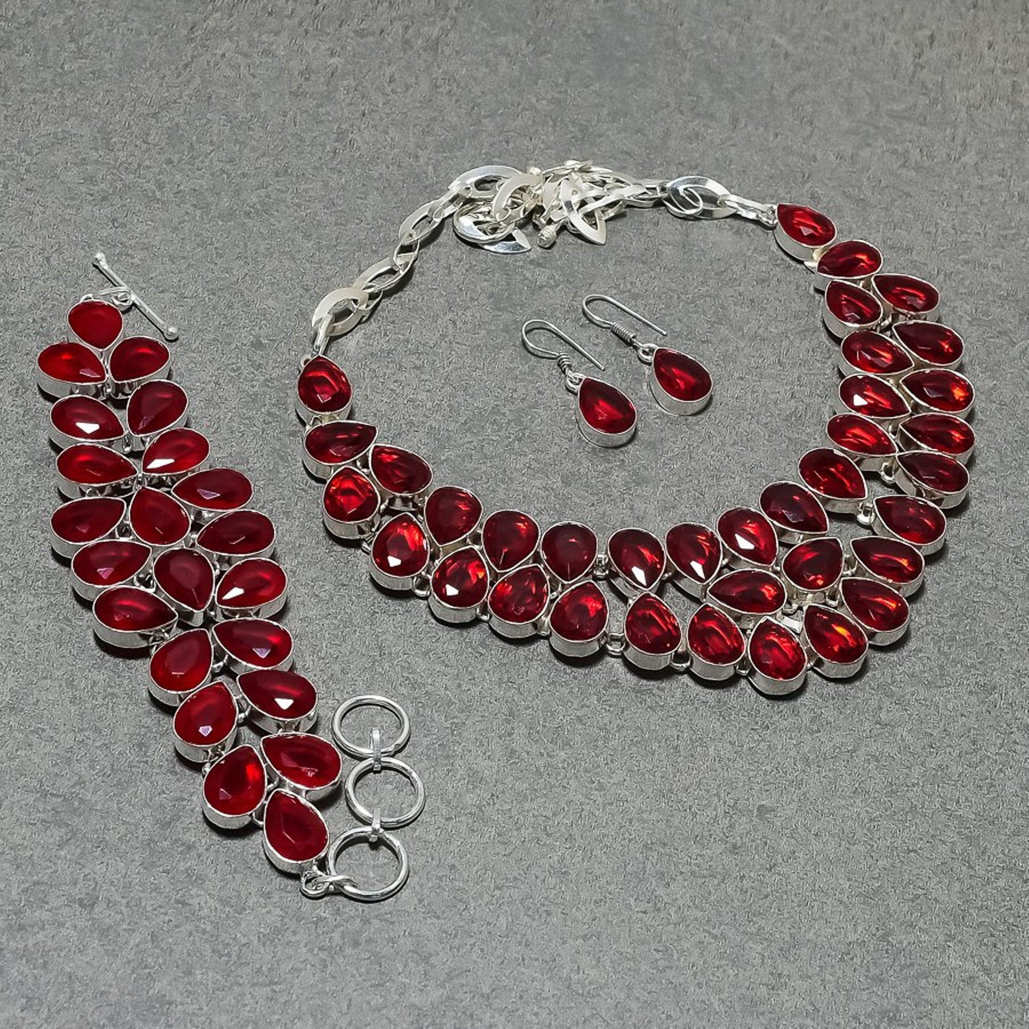 Nuovo Set Gioielli Natale Ciondolo Sangue Rosso Granato Gemme Donna Nuovo Set Gioielli Natale Ciondolo Sangue Rosso Granato Gemme Donna