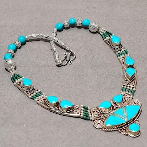 Collier Bohème En Argent 925 Et Turquoise - Fait Main Népal, Neuf Sans Emballage !