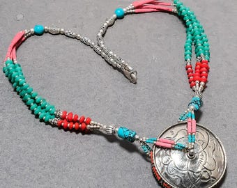 Handmade Turquoise, Red Coral Necklace Tibetan Silver Beaded Bohemian Jewellery