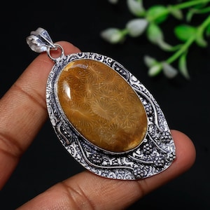 Handmade Fossil Coral Pendant: Oval Gemstone, 925 Sterling Silver