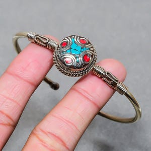 Handmade Tibetan Silver Bangle: Turquoise & Red Coral Gemstone Bracelet