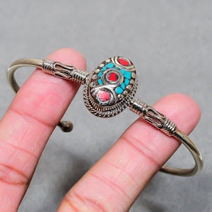 Red Coral Turquoise Tibetan Silver Bangle: Handmade Nepali Bracelet