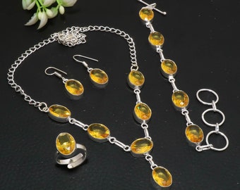 Ensemble de bijoux à facettes en citrine, collier, bracelet, bague, boucles d'oreilles, ensemble de bijoux en argent sterling 925, bijoux faits main, bijoux en pierres précieuses, ensemble de forme ovale