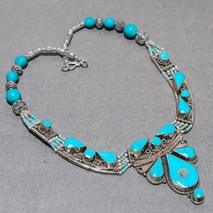 Tibetan Turquoise Necklace 18&quot; Bohemian Gemstone Necklace Ethnic Jewelry Antique Design Necklace Nepali Handmade Necklace Gift For Wife/Love