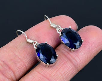 Pendientes de iolita facetada: hechos a mano en plata de ley 925, piedra preciosa ovalada.