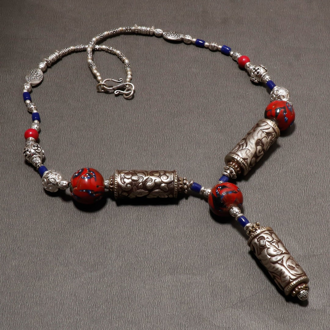 Bohemian Tibetan Vintage Handmade Turquoise Coral Lapis Stone Bead Necklace #11