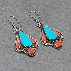Turquoise Earrings, Red Coral Earrings, Tibetan Silver Jewelry, Handmade Drop & Dangle Earrings, Nepalese Tribal Jewelry For Engagement Gift