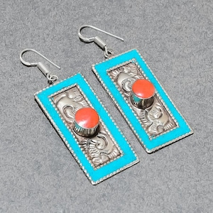 Red Coral Earrings Turquoise Earrings Tibetan Silver Jewelry Nepali Tribal Earring Handmade Drop & Dangle Earrings Tibetan Jewelry For Crush