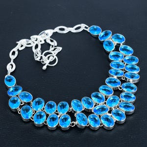 Handmade Faceted London Blue Topaz Necklace: 925 Sterling Silver, Adjustable Chain