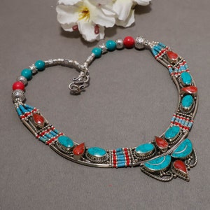 Red Coral Handmade Jewelry Tibetan Turquoise Bohemian Necklace Gemstone Fashion Ethnic Wedding Gift Tribal Nepali Beaded Jewelry Necklace
