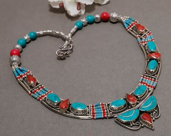 Handmade Red Coral & Turquoise Necklace, Tibetan Silver Boho Beaded Jewelry