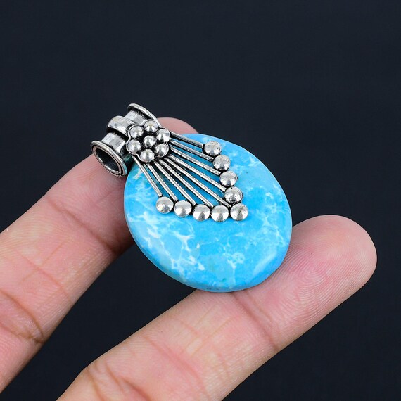 Ciondolo Vintage In Argento Sterling 925 Con Pietra Preziosa Di Rame E Larimar Dominicano, Fatto A Mano, Gioielli / 1196 - Italia - Foto 5