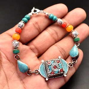 Red Coral, Tibetan Turquoise Handmade Afghani Nepalese Bohemian Gemstone Fashion Ethnic Best Christmas Gift For Her Nepali Jewelry Bracelet
