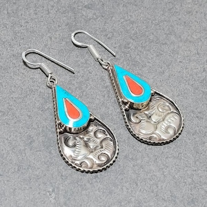 Red Coral With Turquoise Earrings Tibetan Silver Jewelry Nepali Tribal Charm Antique Earring Handmade Drop & Dangle Earrings Gift For Sister