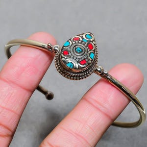 Turquoise Red Coral Bangle: Handmade Tibetan Silver Bracelet