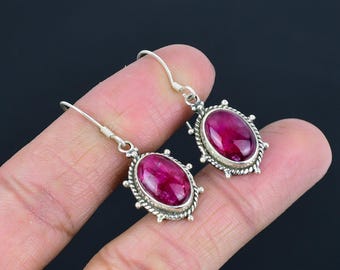 Handgemaakte kasjmier-robijnoorbellen: 925 sterlingzilveren ovale hangsieraden