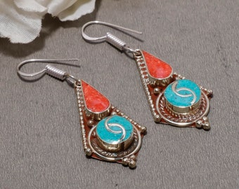 Turquoise Coral Nepali Earrings, Silver Plated Bohemian Dangle