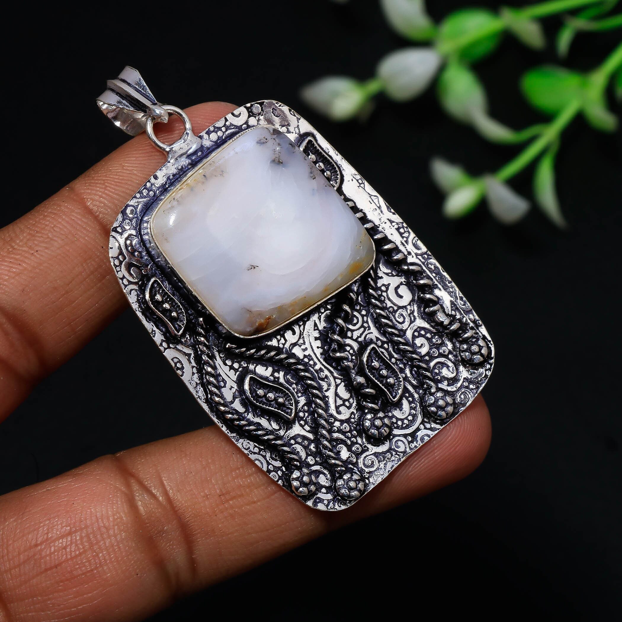 Handmade Pink Opal 925 Sterling Silver Pendant - Antique Style