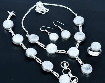 Conjunto de joyas de plata de ley 925 con piedra lunar arcoíris, hecho a mano.