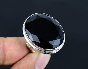 Faceted Black Spinel Ring: Adjustable 925 Sterling Silver, Handmade