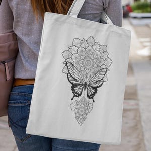 Fabric bag with butterfly mandala | Hand-printed cotton bag | Boho jute bag | Sustainable shopping bag | Yoga gift