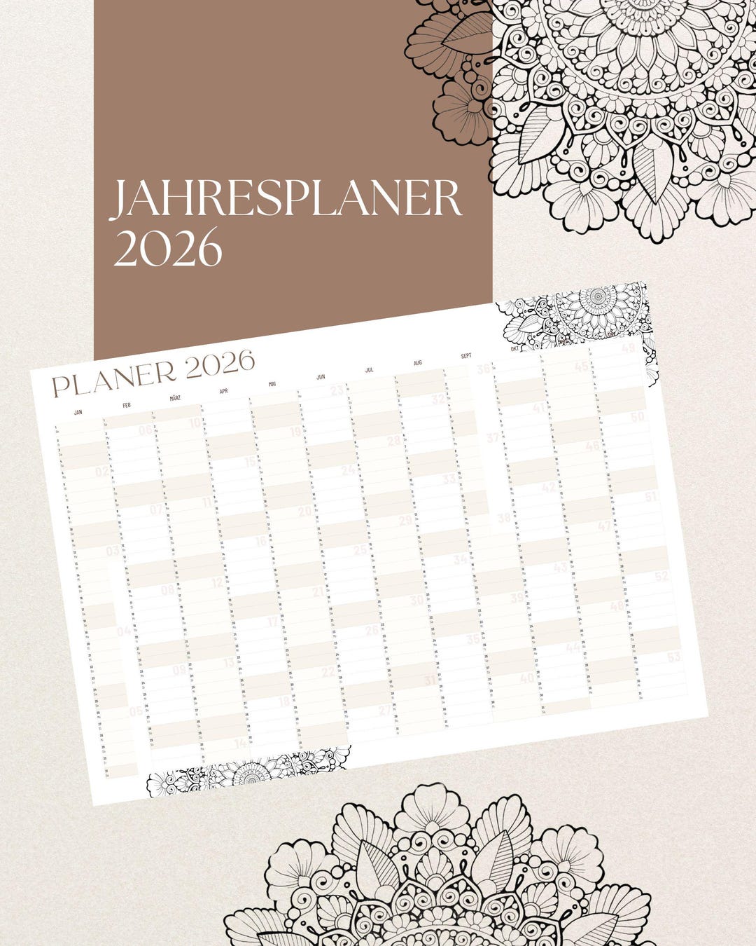 Planer 2026 Jahresübersicht, Jahres Kalender, Wandkalender, Printable