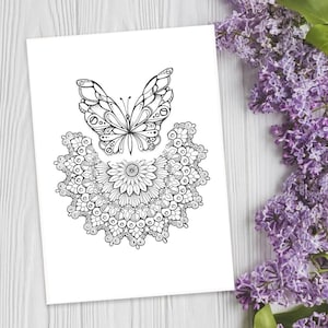 Mandala de borboleta em PDF | Desenho à mão para colorir | Modelo em preto e branco para impressão | Arte de mandala para impressão