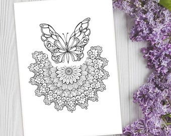 Butterfly Mandala PDF | Hand-drawn coloring page | Black and white template for printing | Mandala art printable