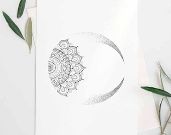 Mandala with Moon PDF | Black and White Coloring Page | Boho Decor Print | Moon Mandala Printable | Spiritual Digital Poster