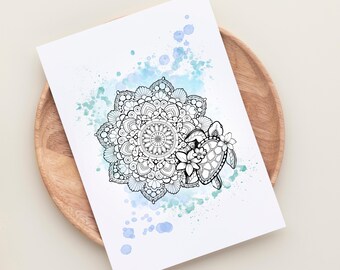 Turtle Mandala Print A4 | Blaues PDF Poster zum Download | Wasserschildkröte mit Aquarell-Effekt | Boho Wanddeko | Printable Watercolor Art