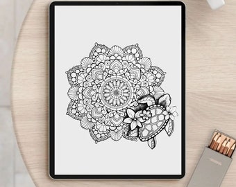 Turtle Mandala Print A4 | Digital PDF Download | Turtle Line Art Poster | Spiritual Wall Art to Print | Boho Printable