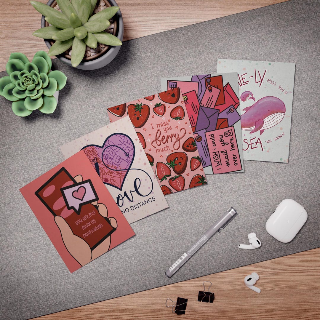 Long Distance Greeting Cards Set, Illustration Notes, 5-pack - Etsy