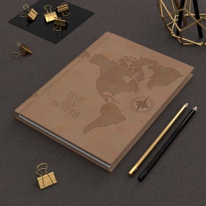 World Map Notebook - Brown Hardcover Journal Matte