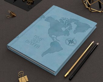 World Map Notebook - Blue Hardcover Journal Matte