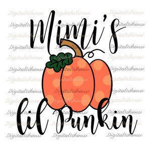 May include: A black and white graphic design with the text "Mimi's lil' pumpkin" and a cartoon image of an orange pumpkin with white polka dots.