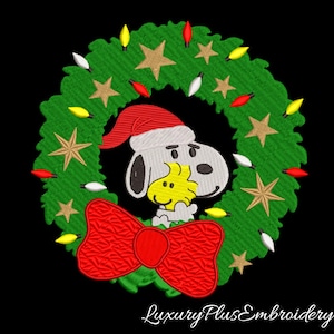 Snoopy Christmas wreath embroidery design holiday pattern digital pes instant file download