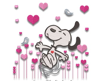 Disegni da ricamo con cuori di Snoopy per macchina da cucire modello pes per San Valentino