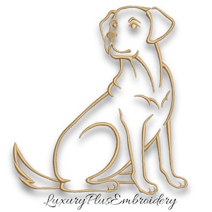 Puede incluir: Un dibujo de línea de un labrador retriever dorado sentado con la cola enroscada. El perro está mirando hacia la derecha y tiene una expresión amigable. La imagen está sobre un fondo blanco.