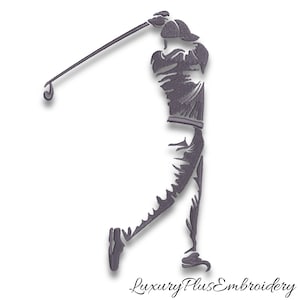 Könnte beinhalten: Graue Silhouette eines Golfspielers im Schwung, der eine Kappe trägt und einen Golfschläger schwingt. Das Bild hat einen Schatteneffekt, und der Text "Luxury Plus Embroidery" befindet sich unten.