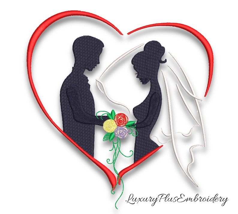 Pu&ograve; includere: Un contorno di cuore rosso con una silhouette di una coppia all'interno. La sposa indossa un velo bianco e tiene un bouquet di fiori. Lo sposo tiene la mano della sposa. Il testo "LuxuryPlusEmbroidery" &egrave; nella parte inferiore dell'immagine.