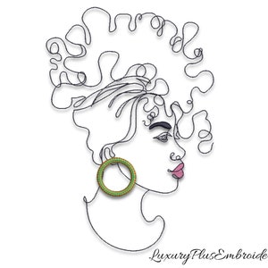 May include: Line art illustration of a woman with a large afro hairstyle and a single green and gold hoop earring. The woman is looking to the right.