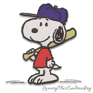 May include: A white cartoon dog wearing a red shirt and a blue baseball cap, holding a brown baseball bat. The dog is smiling and has a black nose and eyes.