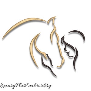 May include: A line art design of a horse and a woman's face, the horse is gold and the woman's face is black.