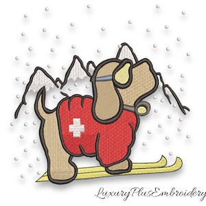 St Bernard rescue dog embroidery machine design mountains ski pes pattern instant digital download