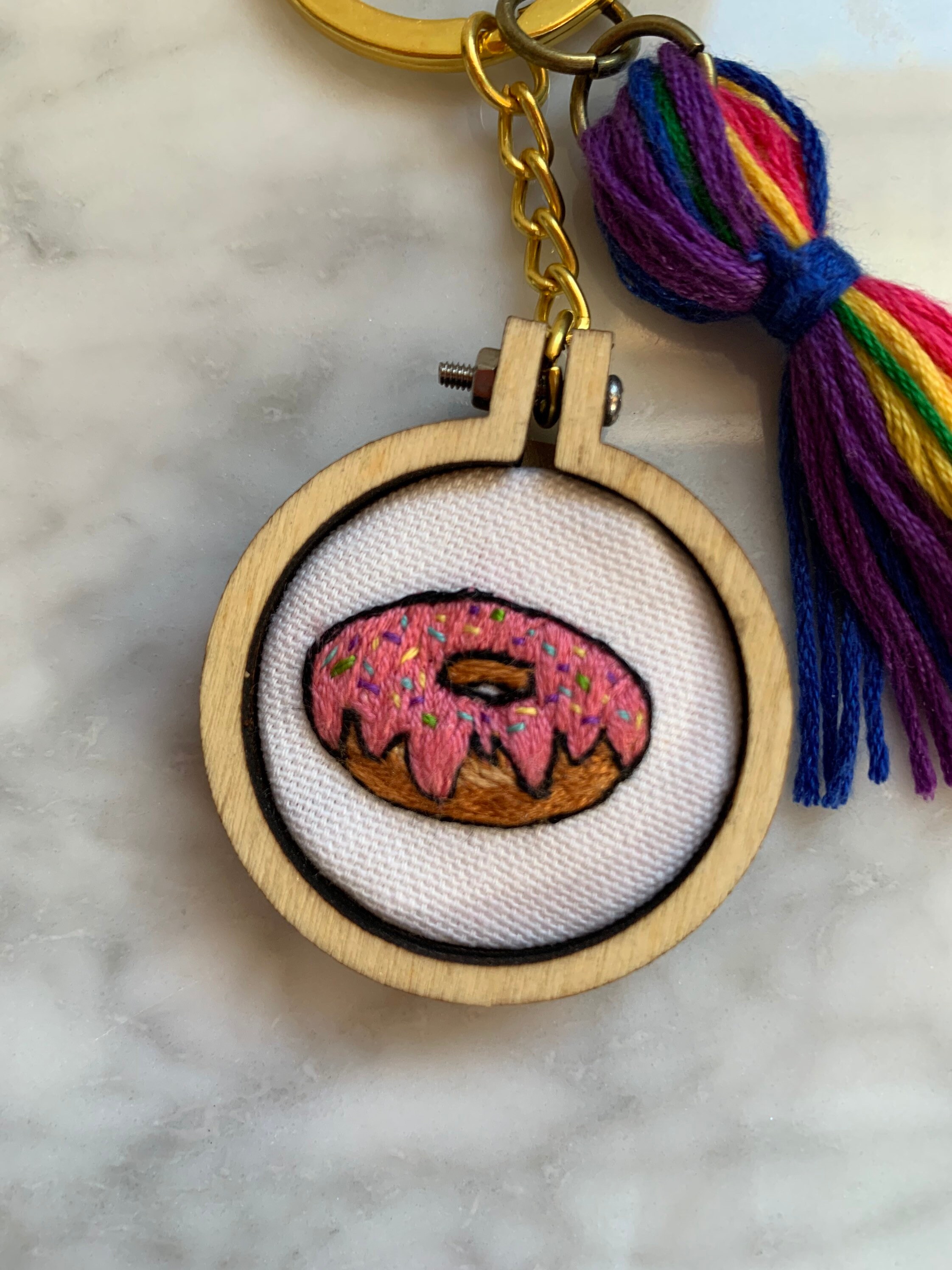 Hand Embroidered Donut Keychain With Tassel Etsy UK
