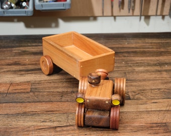 Wooden Tractor with Trailer2, Eco Toys For Kids, Wooden Truck Toy, Wooden Toy Tractor with Trailer, Natural Montessori Toys, Bicolor Tractor