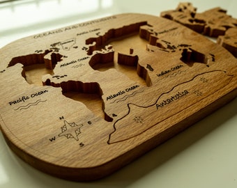 Wooden World Map  Puzzle / Handmade/ Natural/ Finished with linseed oil / Unpainted